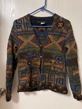 Vintage Peruvian Connection Alpaca Blend Abstract Textured Cardigan Small FLAWED
